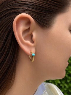 David Yurman 18k Yellow Gold Bead Turquoise Twisted Cable Hoop Cuff Earrings
