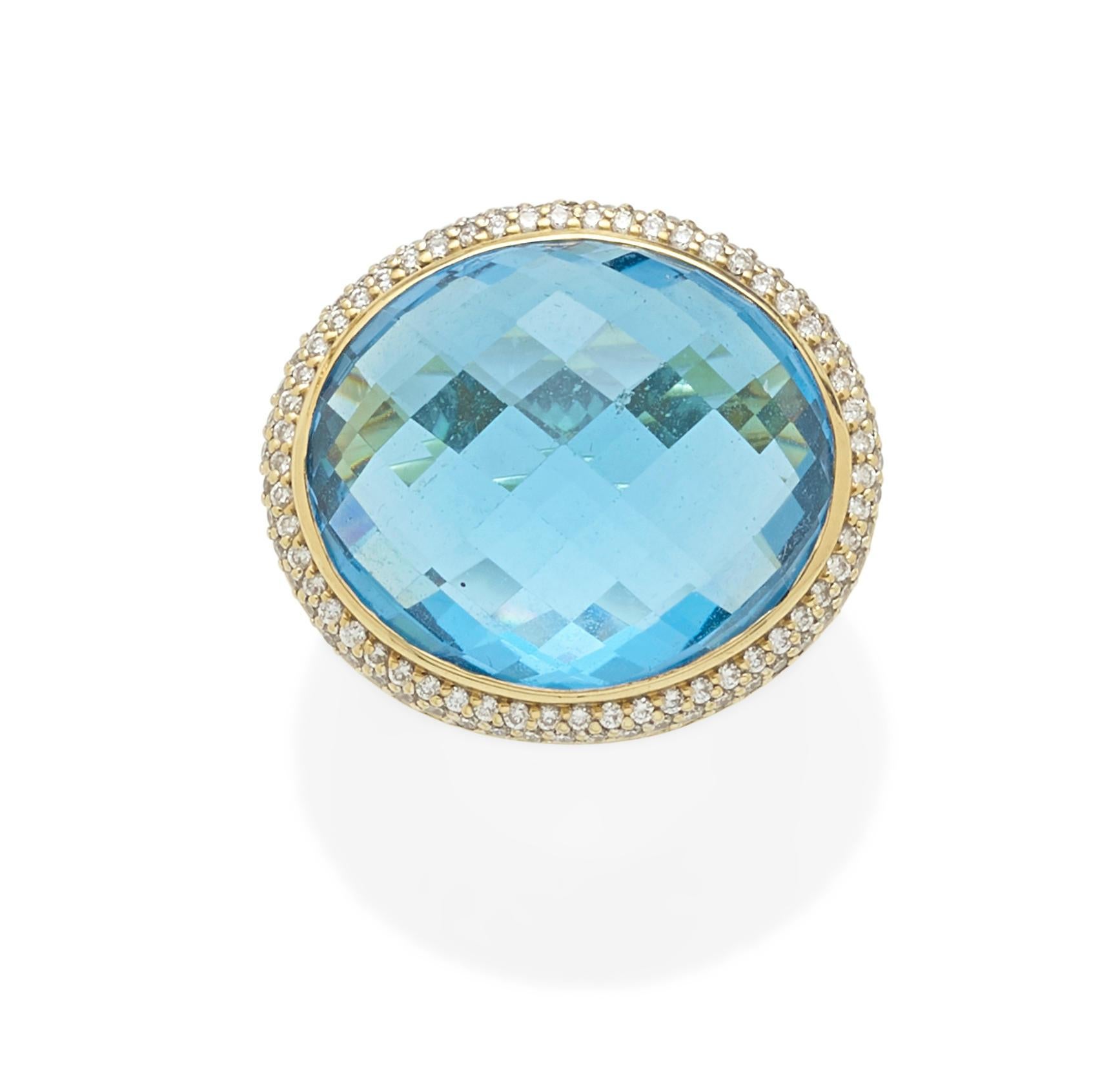 David Yurman 18k Yellow Gold Blue Topaz Ring with Diamond Halo Size 9

Gorgeous Blue Topaz Ring by David Yurman
Features Faceted Blue Topaz with Diamond Halo
Dimensions of Topaz = 23.54 x 19.63 x 10.15 mm
Size 9
Total Mass = 27.6 grams
Piece is in