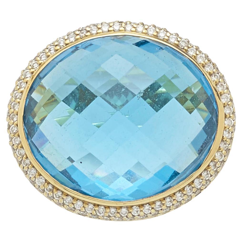 David Yurman 18k Yellow Gold Blue Topaz Ring with Diamond Halo Size 9
