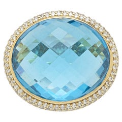 David Yurman 18k Yellow Gold Blue Topaz Ring with Diamond Halo Size 9