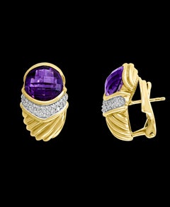 David Yurman 18 Karat Gold Cable Checkered Faceted Amethyst and Diamonds Fluted