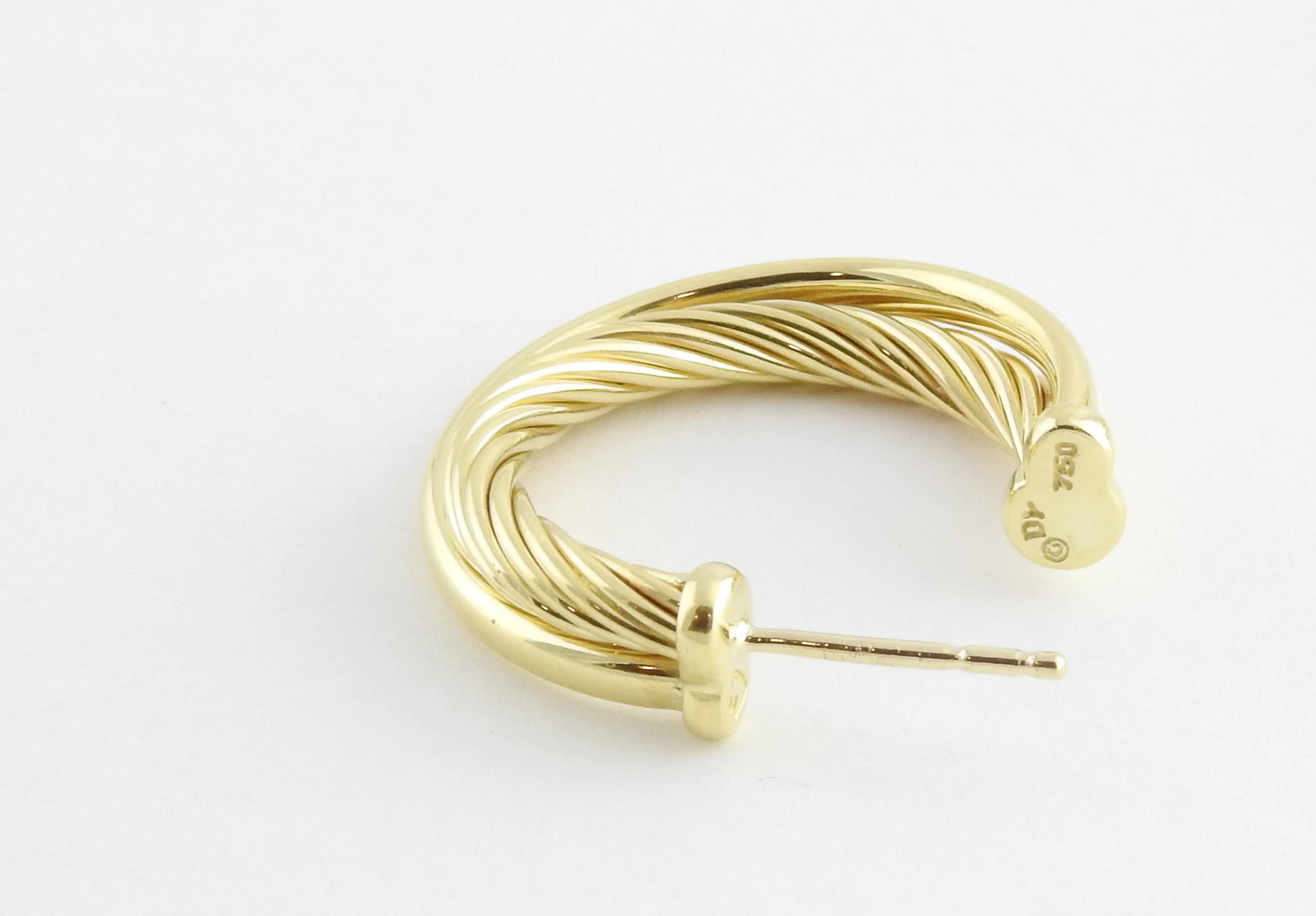 David Yurman 18 Karat Yellow Gold Cable Crossover Open Hoop Earrings 3