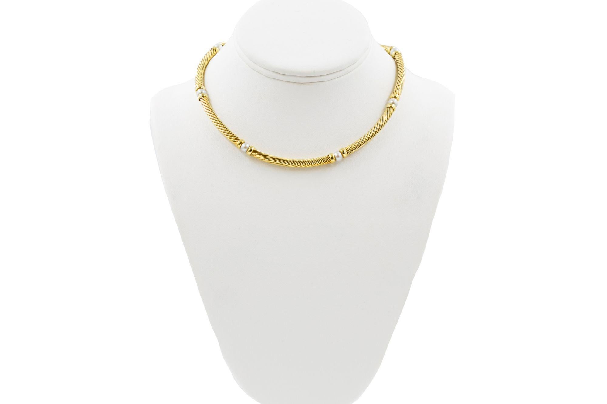American David Yurman 18k Yellow Gold “Cable” Necklace with 6 Cultured Pearls