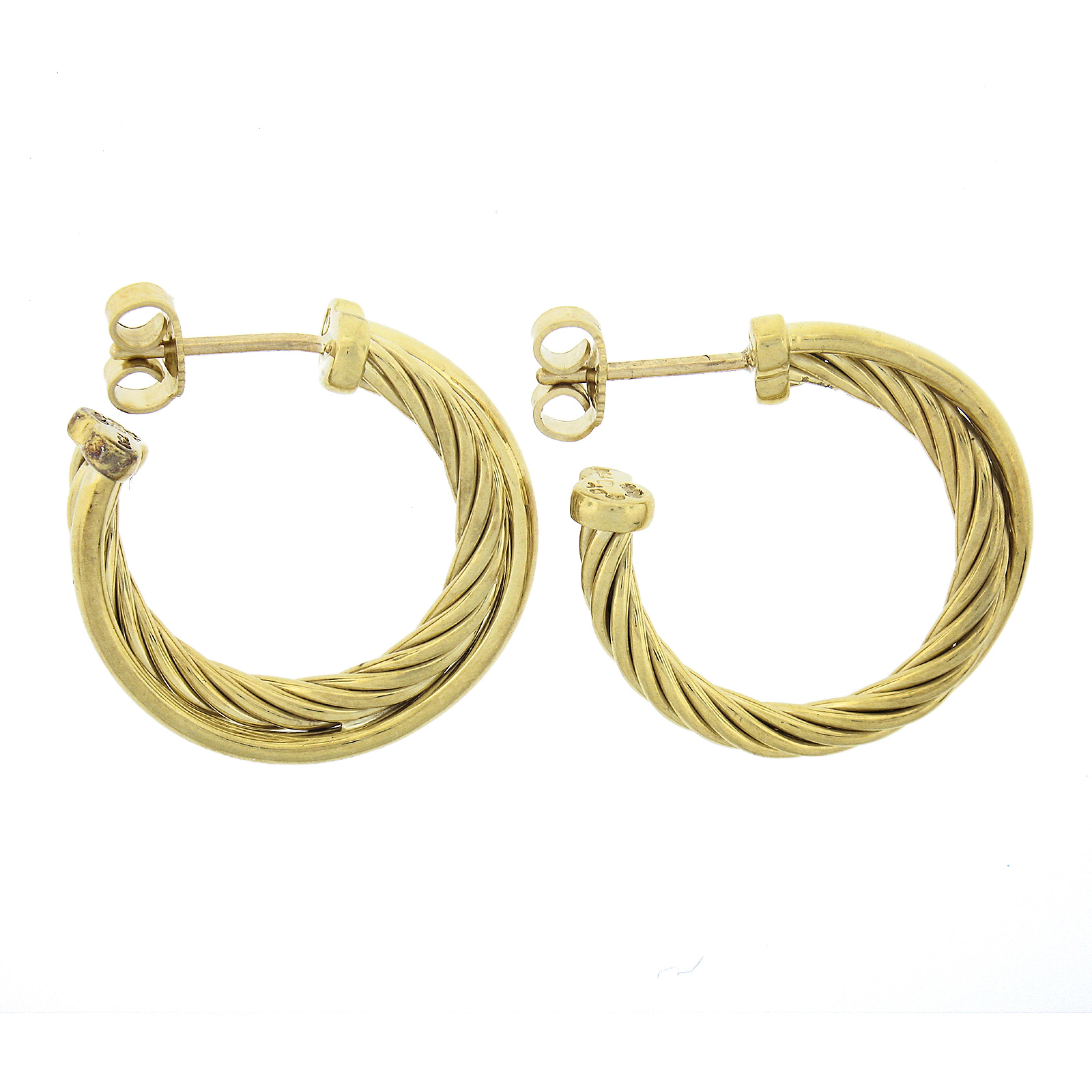 David Yurman 18k Yellow Gold Cable & Polished Tubes Round Hoop Earrings In Excellent Condition For Sale In Montclair, NJ
