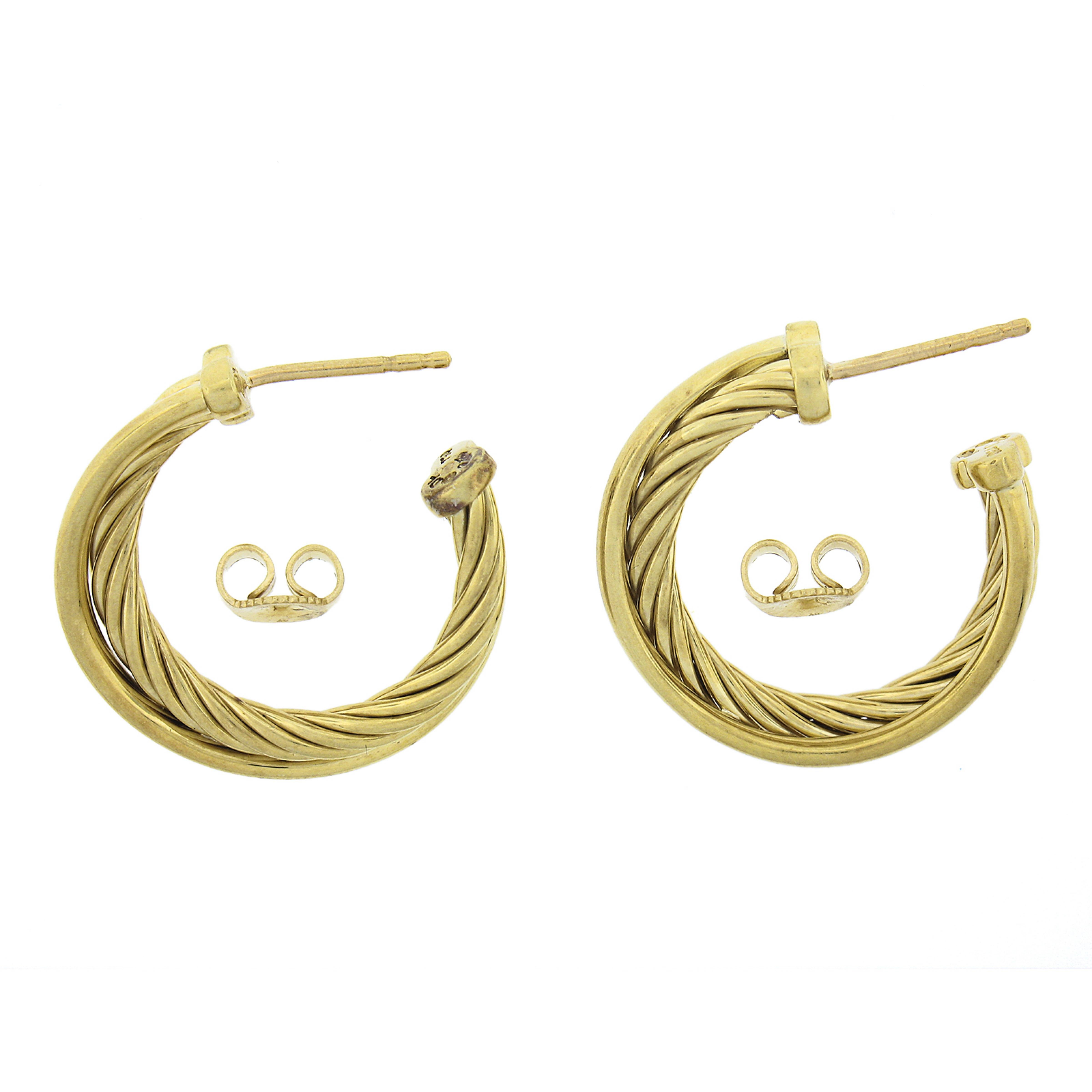 Women's David Yurman 18k Yellow Gold Cable & Polished Tubes Round Hoop Earrings For Sale