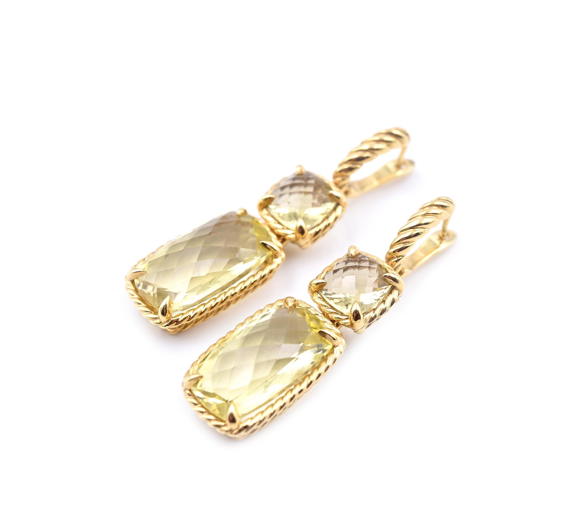 Designer: David Yurman
Material: 18k yellow gold
Dimensions: earrings are 1 ¾ inches long and 12.60mm wide
Fastenings: lever back
Weight: 15.32 grams
