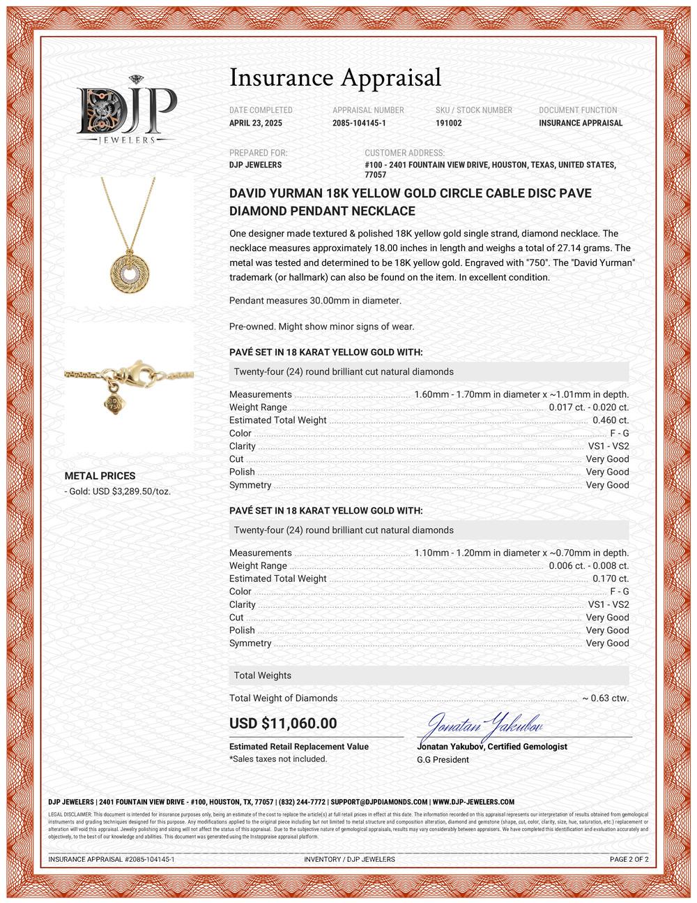 David Yurman, collier pendentif disque câble en or jaune 18 carats pavé de diamants en vente 3
