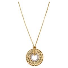 David Yurman 18K Yellow Gold Circle Cable Disc Pave Diamond Pendant Necklace