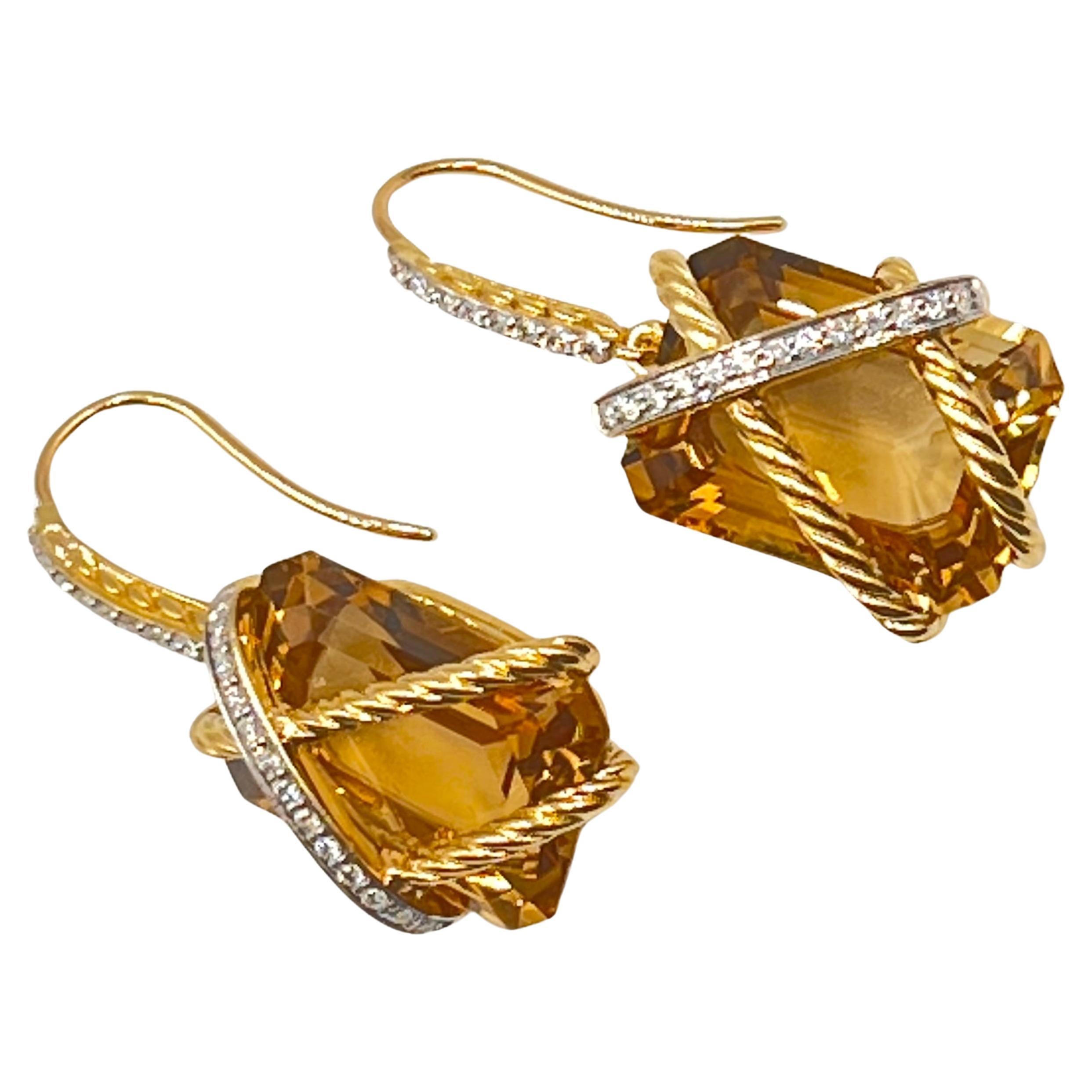 Modern David Yurman 18k Yellow Gold Citrine Diamond Earrings