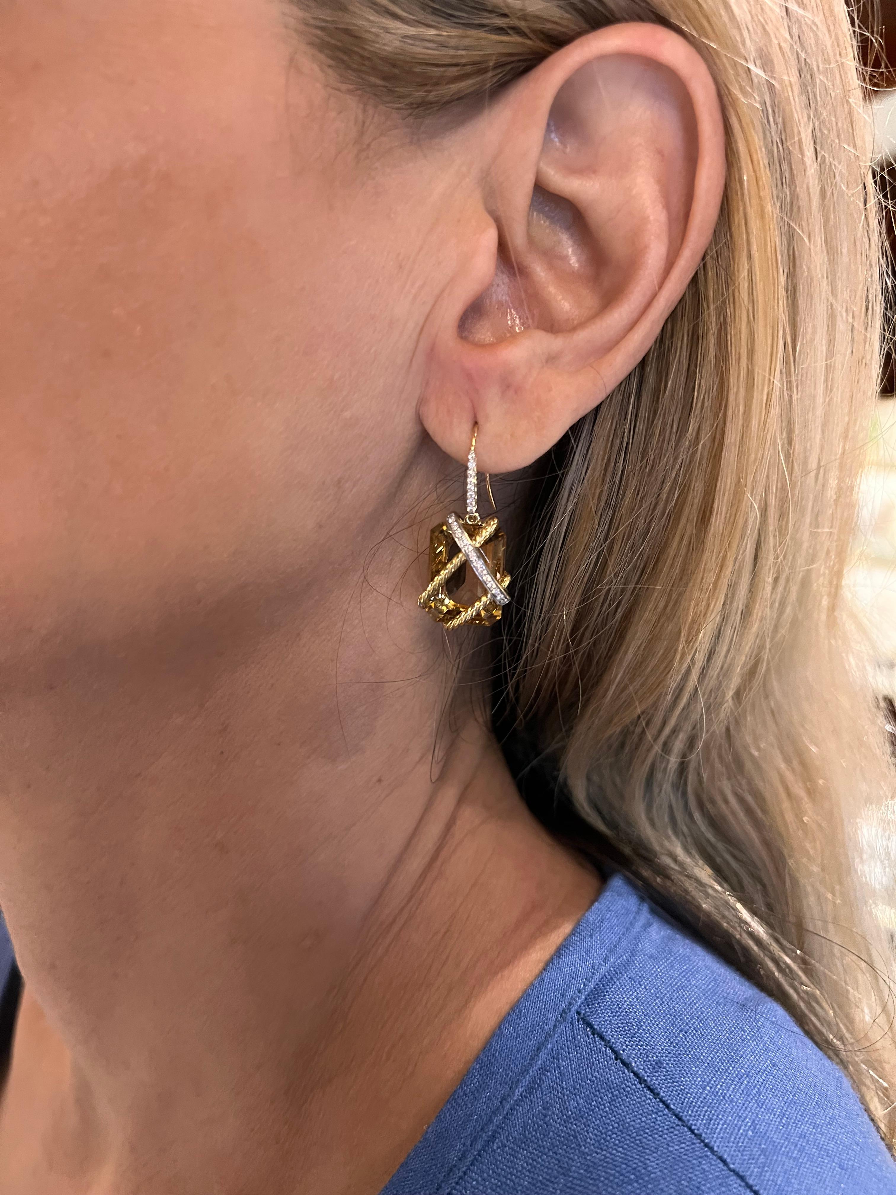Emerald Cut David Yurman 18k Yellow Gold Citrine Diamond Earrings