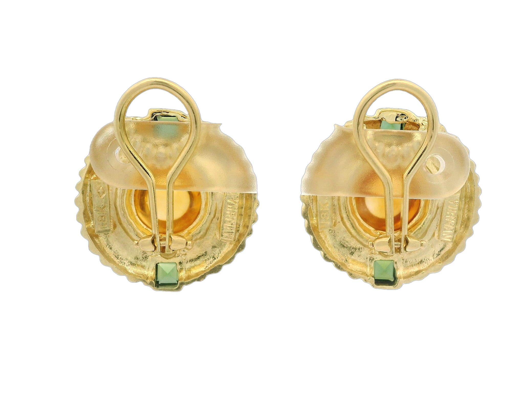 Cabochon David Yurman 18k Yellow Gold Citrine & Green Tourmaline Cable Button Earrings For Sale