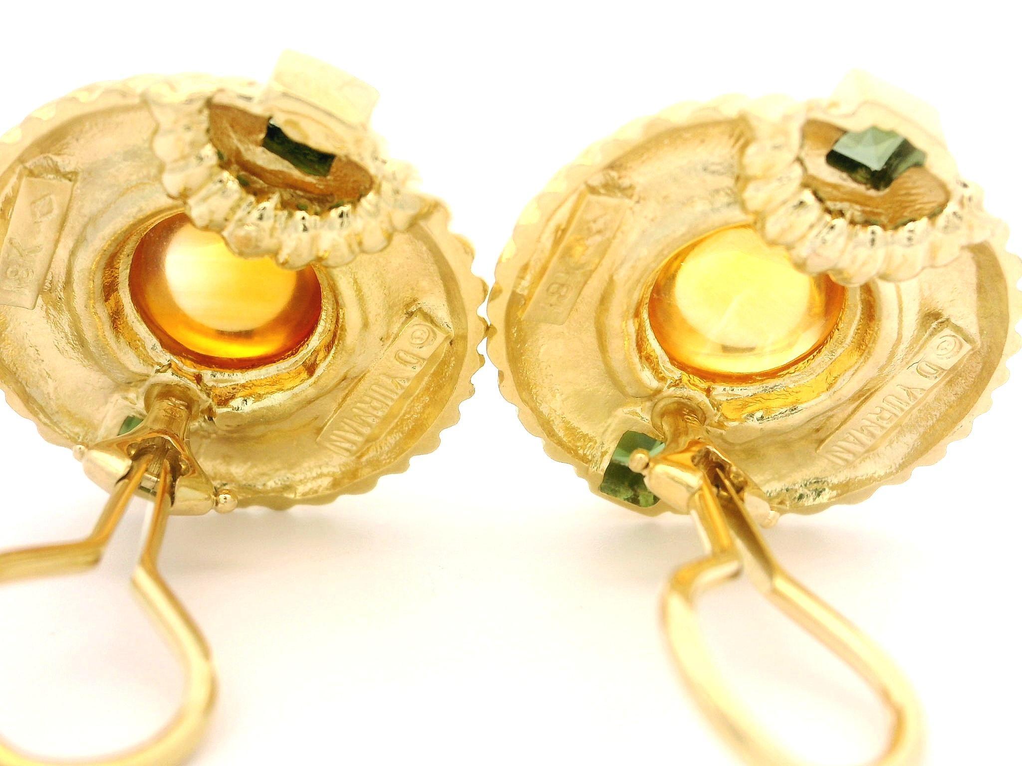 David Yurman 18k Yellow Gold Citrine & Green Tourmaline Cable Button Earrings In Excellent Condition For Sale In Montclair, NJ