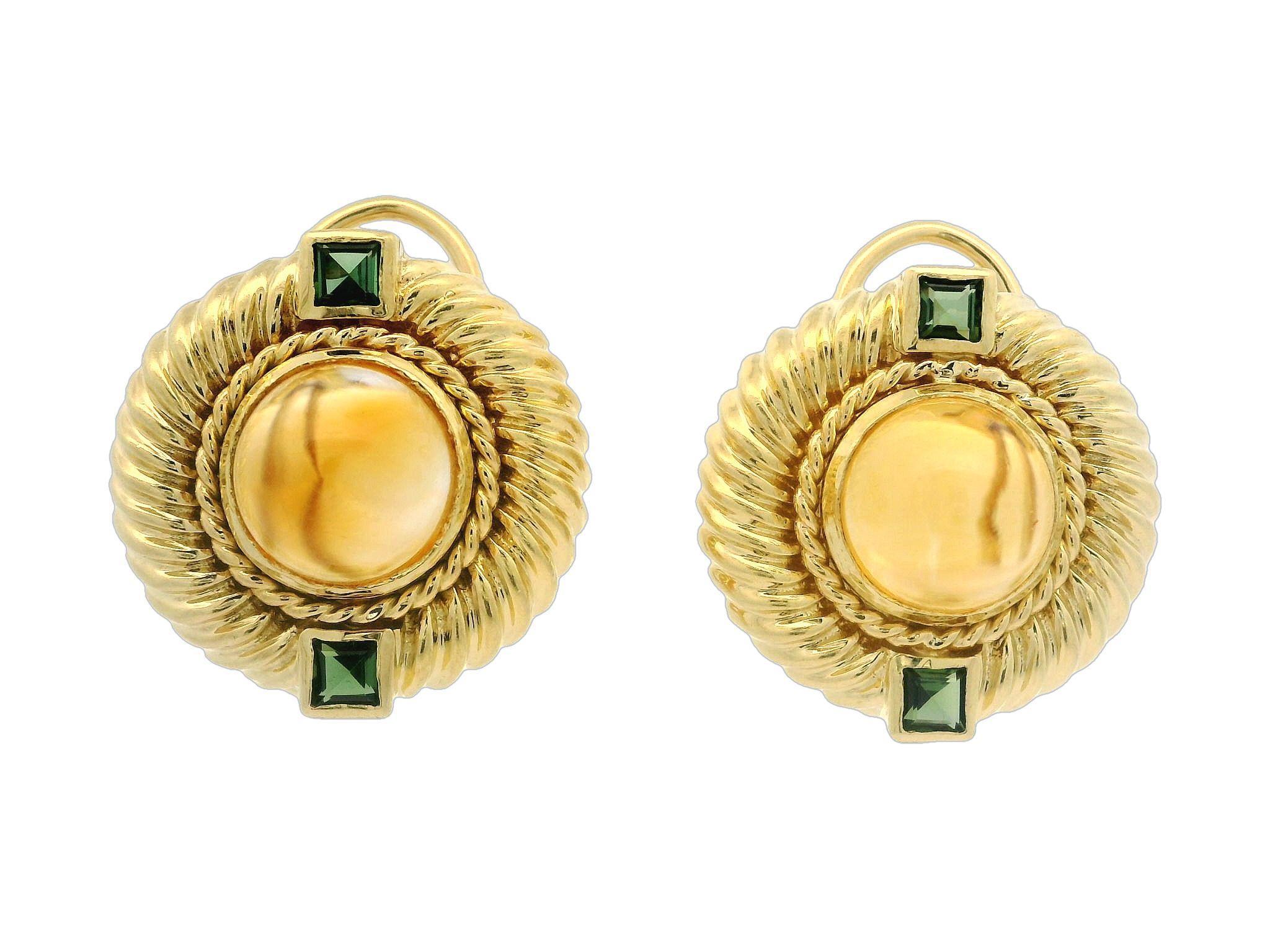Women's David Yurman 18k Yellow Gold Citrine & Green Tourmaline Cable Button Earrings For Sale
