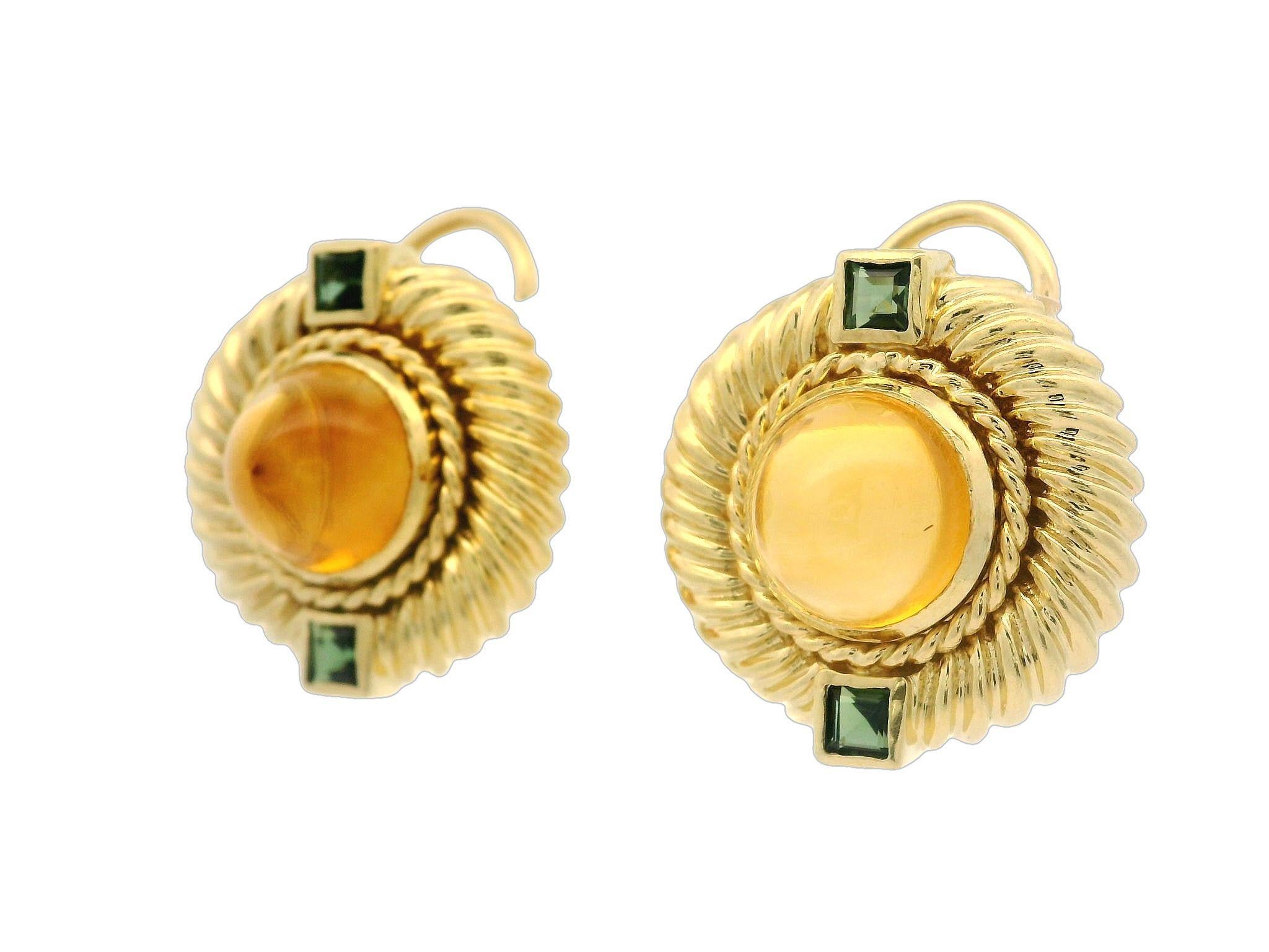David Yurman 18k Yellow Gold Citrine & Green Tourmaline Cable Button Earrings For Sale 1