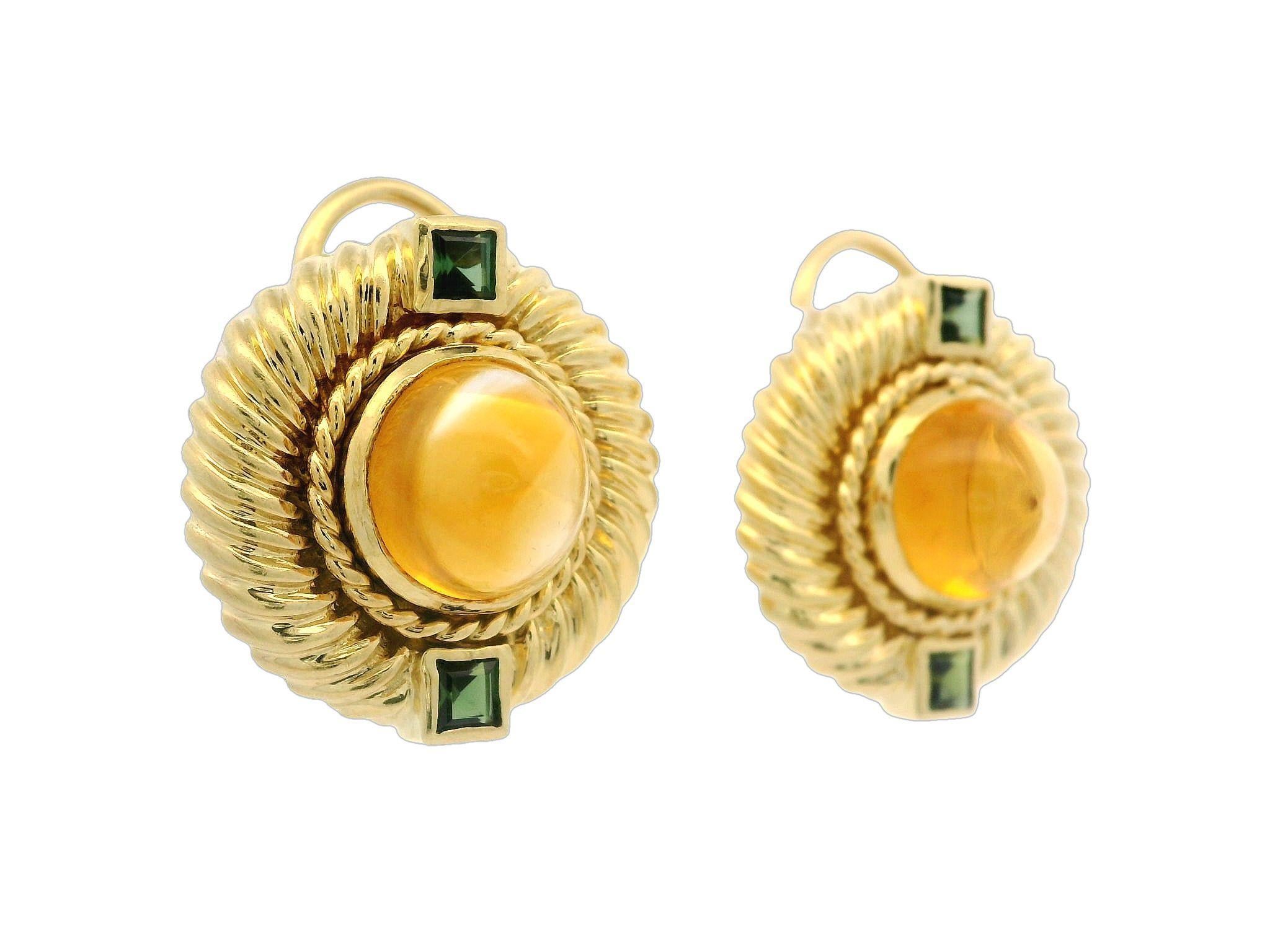 David Yurman 18k Yellow Gold Citrine & Green Tourmaline Cable Button Earrings For Sale 2