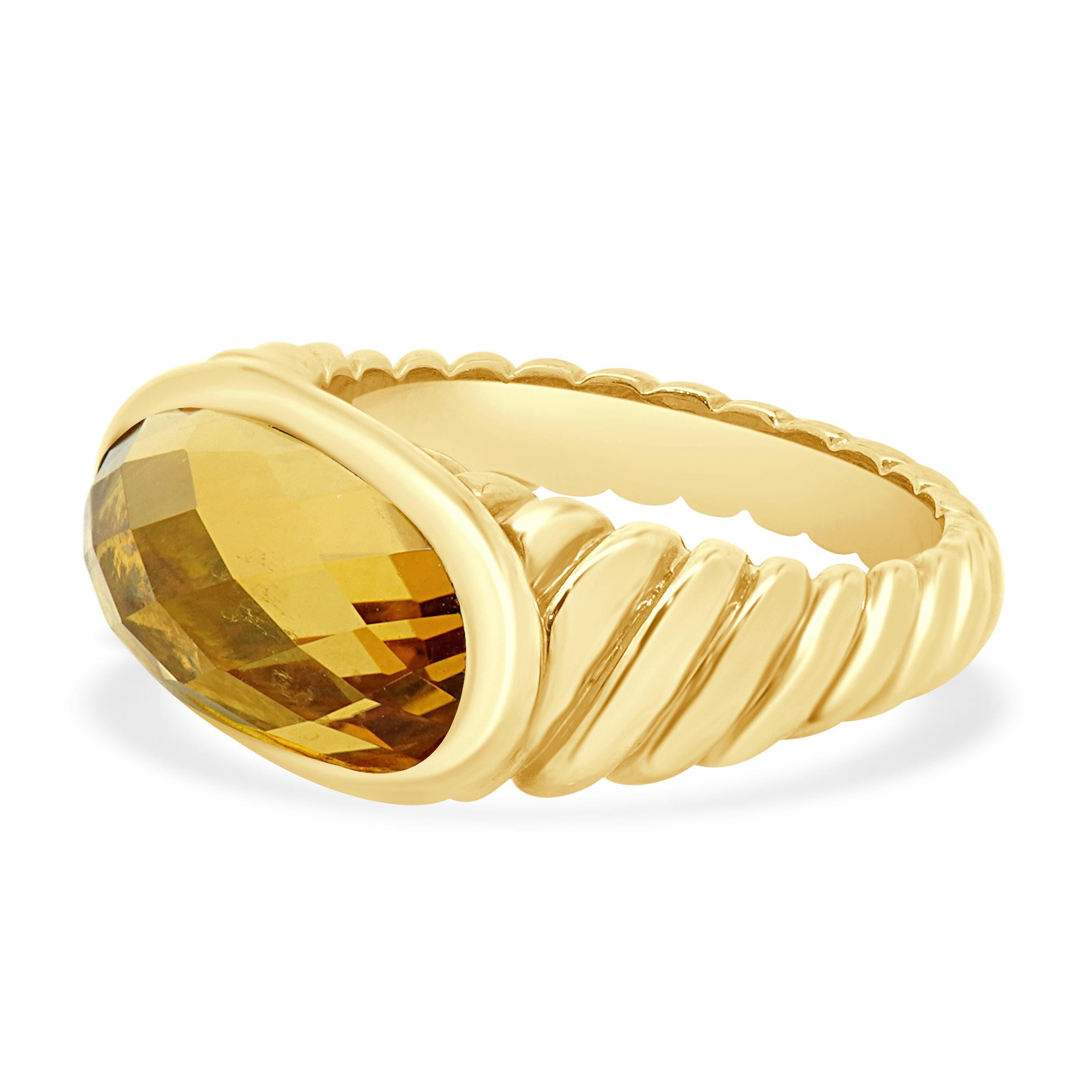 Designer: David Yurman
Material: 18K yellow gold
Citrine: 2.37ct 
Dimensions: ring top measures 10.2mm wide
Size: 6
Weight: 9.70 grams