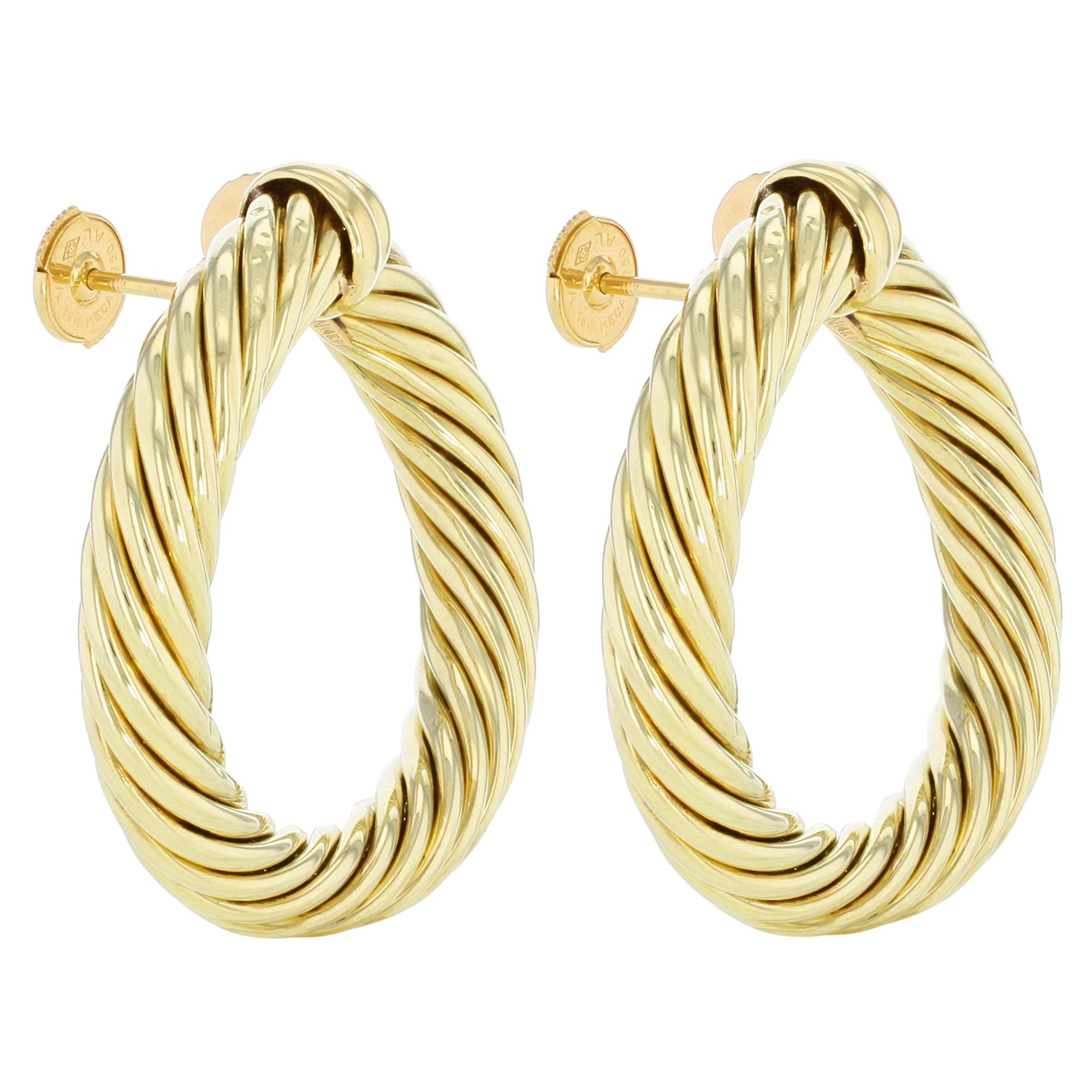 Modern David Yurman 18 Karat Yellow Gold Classic Cable Women's Hoop Earrings