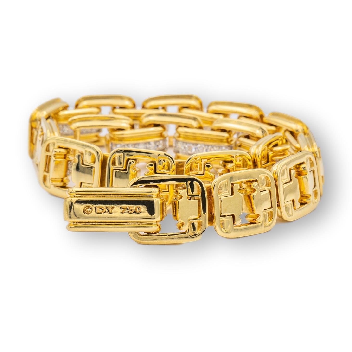 Round Cut David Yurman 18K Yellow Gold Deco Men's Pave Diamonds Chain Link Bracelet Large 