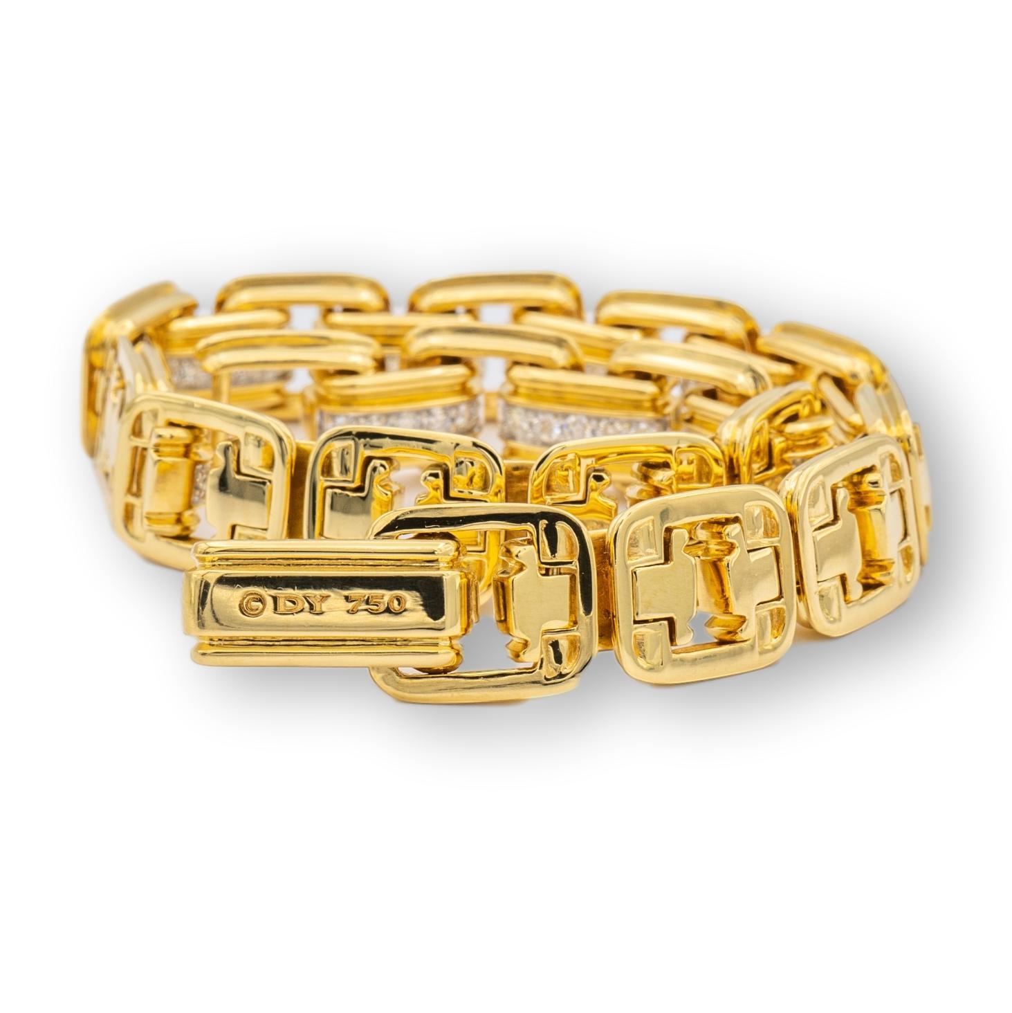 Round Cut David Yurman 18K Yellow Gold Deco Men's Pave Diamonds Chain Link Bracelet Large
