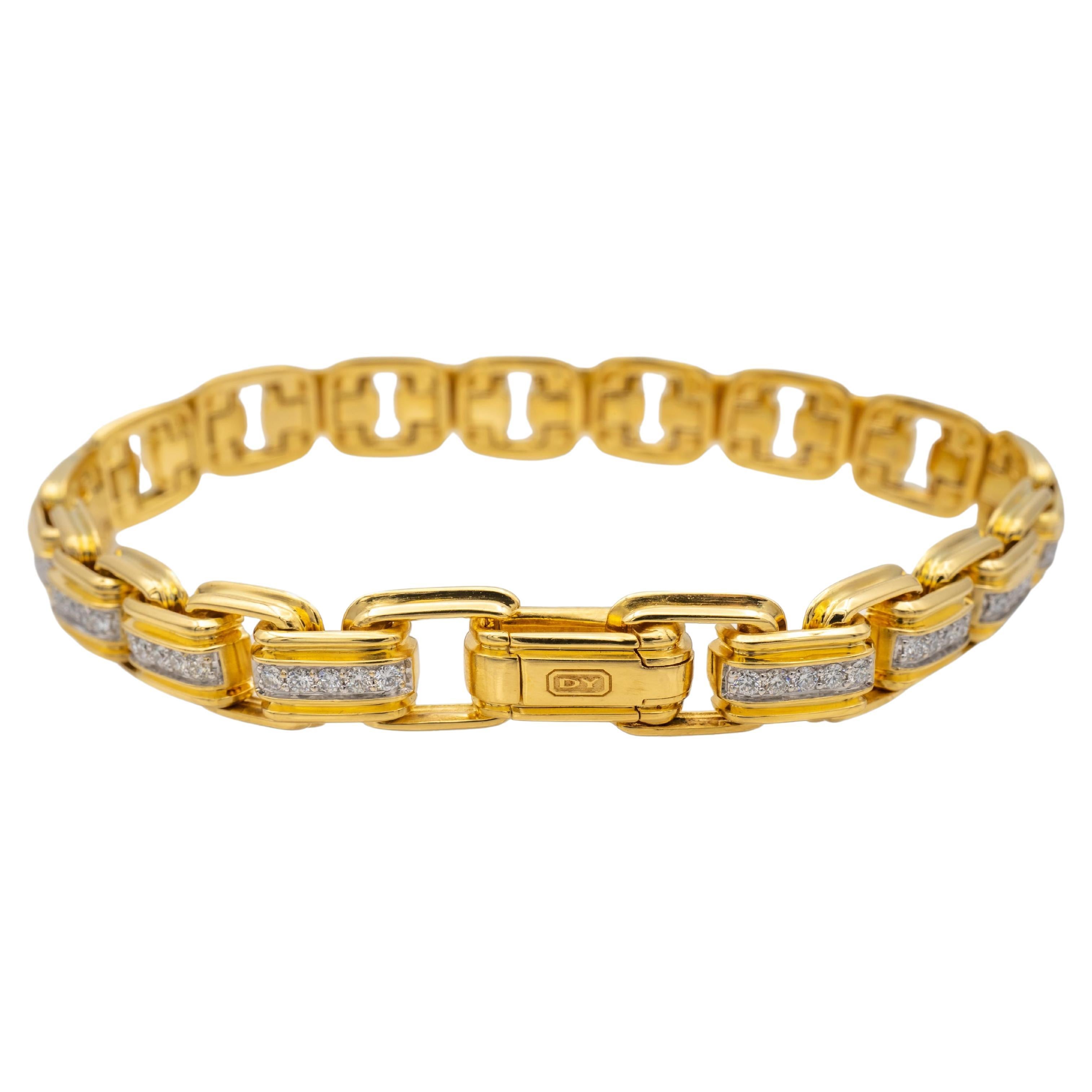 David Yurman 18K Yellow Gold Deco Men's Pave Diamonds Chain Link Bracelet Large 