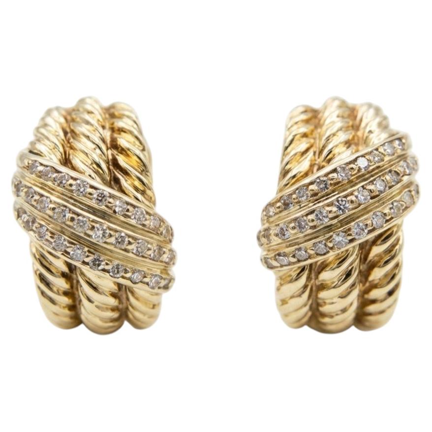 David Yurman 18K Yellow Gold Diamond Cable Lever-Back Earrings Vintage