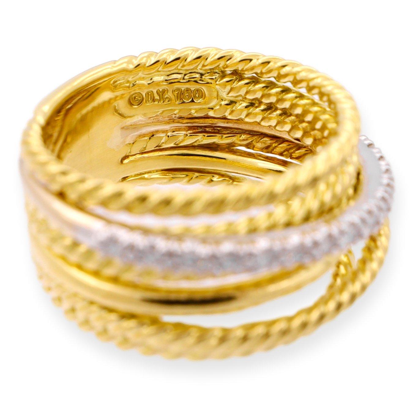 Brilliant Cut David Yurman 18K Yellow Gold Diamond Crossover Wide Band Ring Size 6