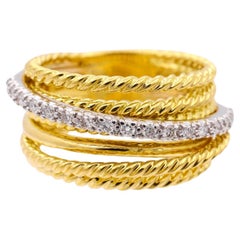 David Yurman 18K Yellow Gold Diamond Crossover Wide Band Ring Size 6