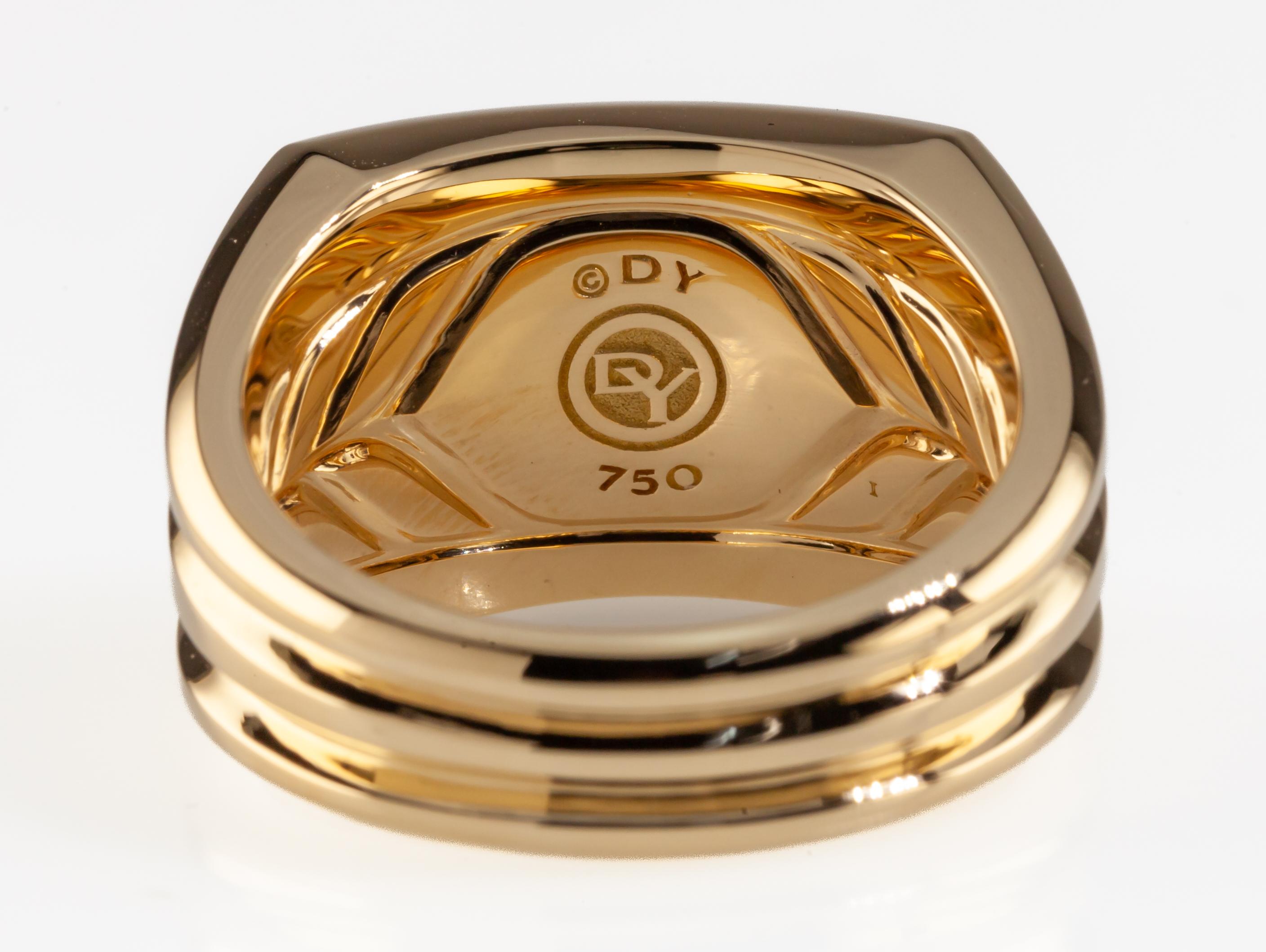 Round Cut David Yurman 18k Yellow Gold Diamond Deco Beveled Signet Ring Size 11 For Sale