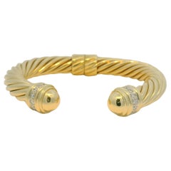 David Yurman 18k Yellow Gold Diamond Large Ribbed Cable Cuff Bracelet