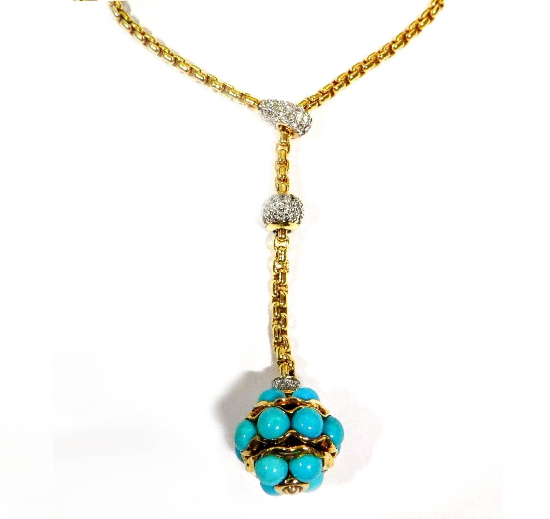 For sale is a David Yurman Lariat or Drop style Necklace with a Turquoise Ball Pendant set in 18K Yellow Gold Diamond. This necklace is adjustable in length using a slide at the Y of the neck. It contains approx. 0.28 CTW in round brilliant cut