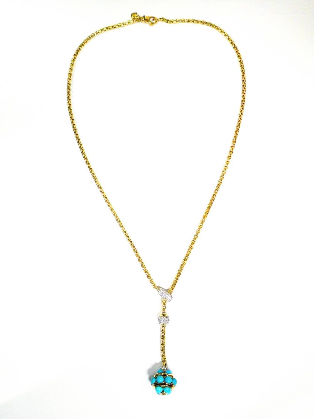 Modern David Yurman 18 Karat Gold Diamond Lariat Necklace Turquoise Ball Pendant Drop