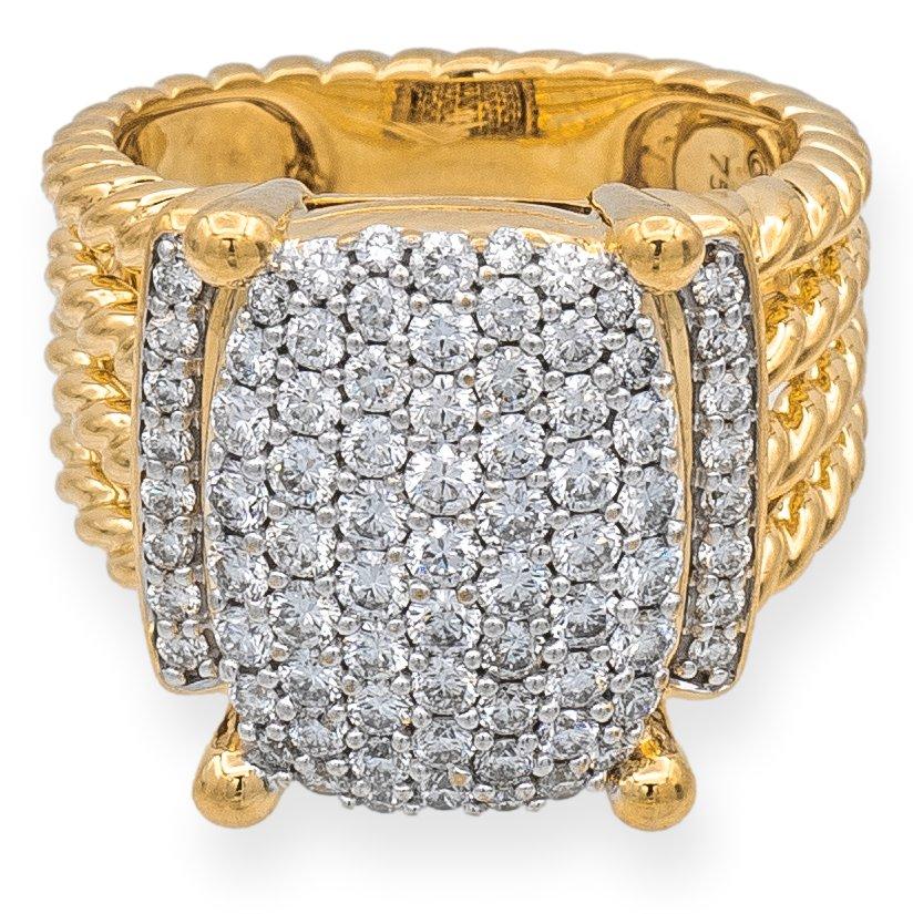 David Yurman ring from the Wheaton collection finely crafted in 18K Yellow Gold  featuring pave set round brilliant cut diamonds in the center weighing 1.14 carats total weight. Ring has a four band twisted cable design and measures 16.7 mm wide .