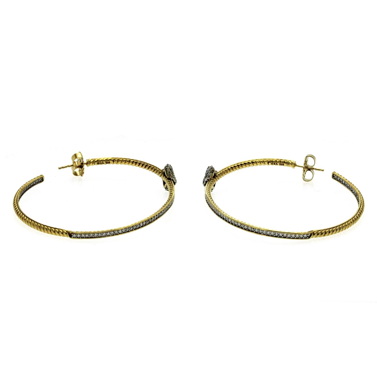 Round Cut David Yurman 18K Yellow Gold Diamond Quatrefoil Extra Large Hoop Earrings For Sale