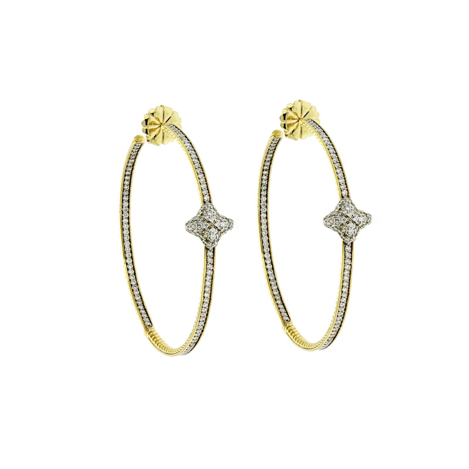 David Yurman 18K Yellow Gold Diamond Quatrefoil Extra Large Hoop Earrings