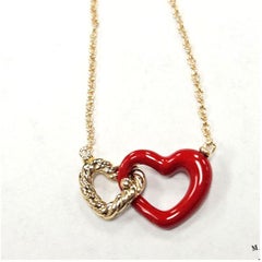 David Yurman 18K Yellow Gold Diamond & Red Enamel Interlocking Heart Necklace 18