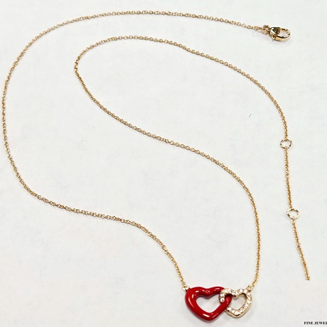 David Yurman 18K Gelbgold Diamant & rote Emaille Interlocking Herz Halskette 18 (Modernistisch) im Angebot