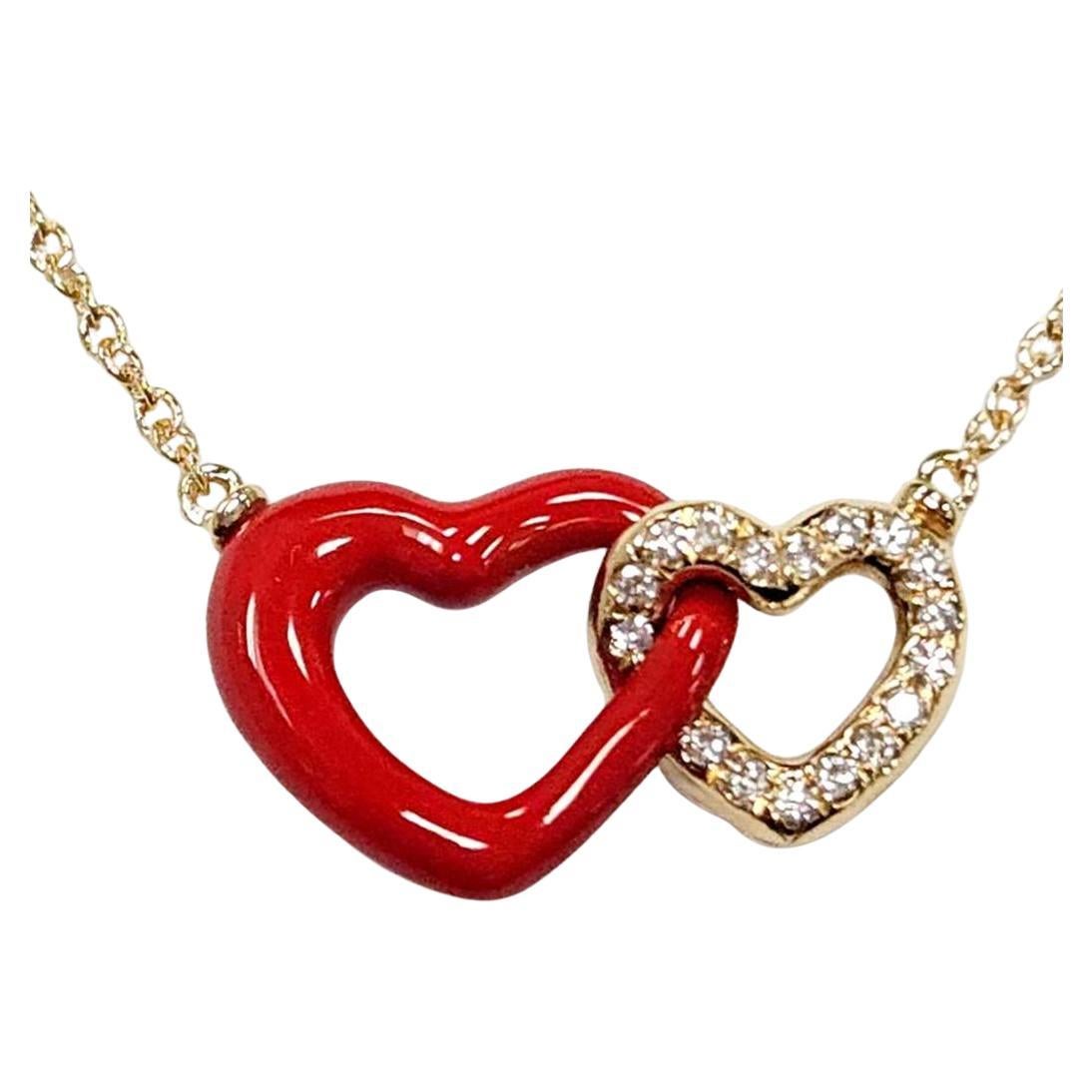 David Yurman 18K Gelbgold Diamant & rote Emaille Interlocking Herz Halskette 18 im Angebot