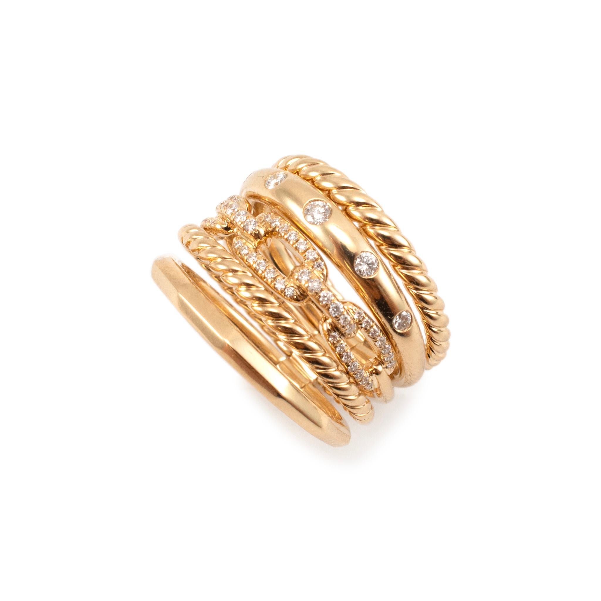 Brand: David Yurman

Gender: Ladies

Metal Type: 18K Yellow Gold 

Size: 6.5

Width: 15.00 mm

Weight: 14.68 Grams

18K yellow gold diamond contemporary-style stackable ring with a half round shank. The metal was tested and determined to be 18K
