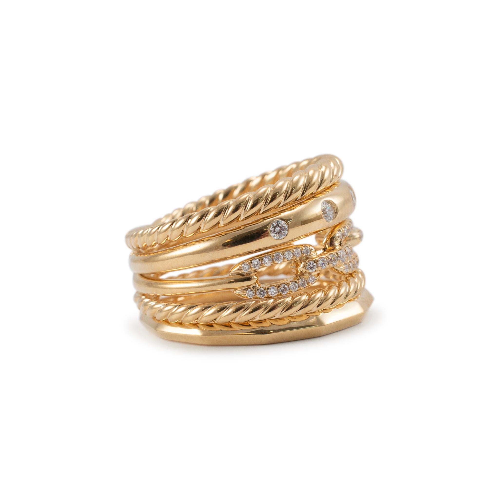 David Yurman 18K Yellow Gold Diamond Stax Wide Five Row Band Ring In Excellent Condition In Houston, TX