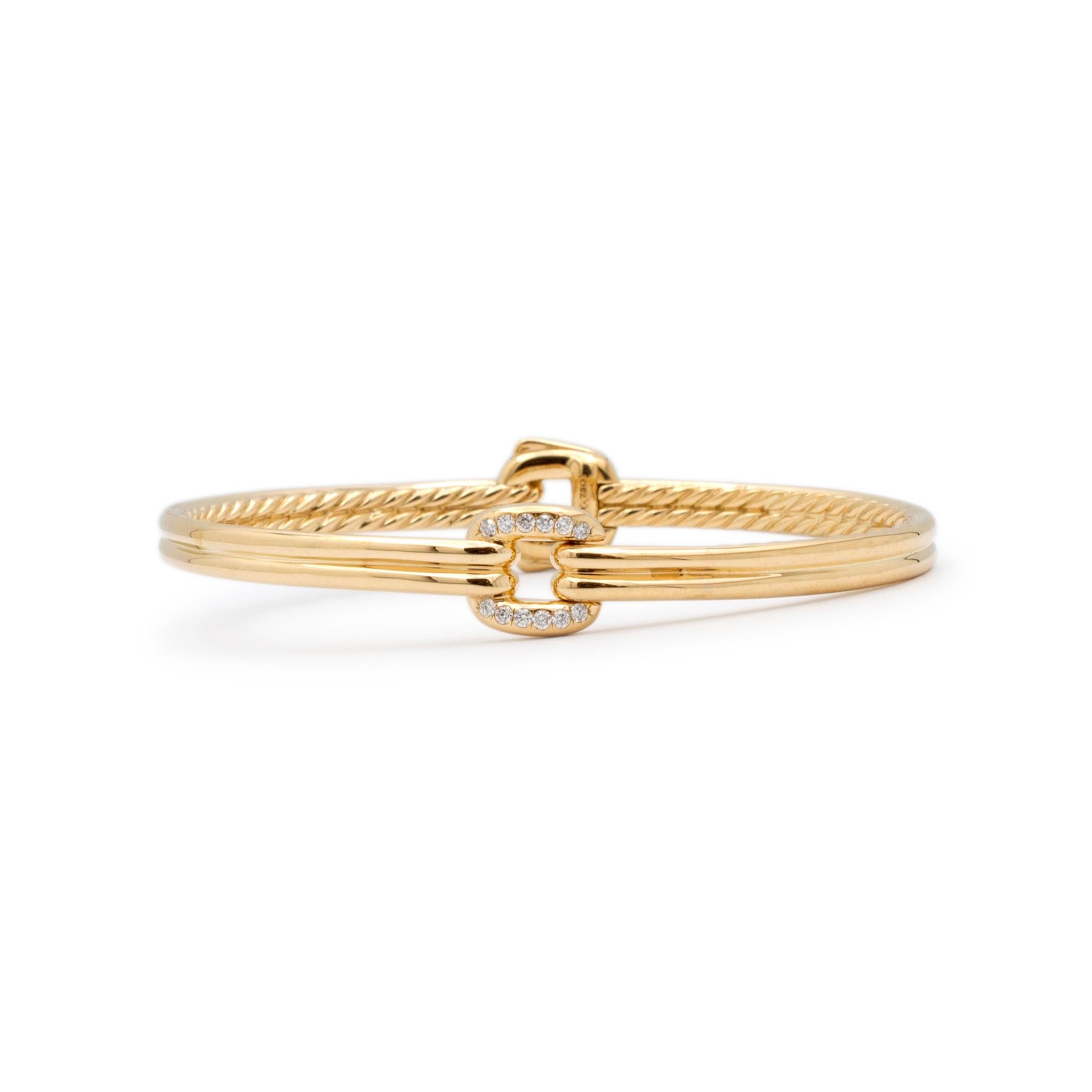 Brand: David Yurman

Gender: Ladies

Metal Type: 18K Yellow Gold

Length: 6.00 mm

Width : 12.25 inches

Weight: 25.07 grams

18K yellow gold diamond bangle bracelet. The metal was tested and determined to be 18K yellow gold. Engraved with 