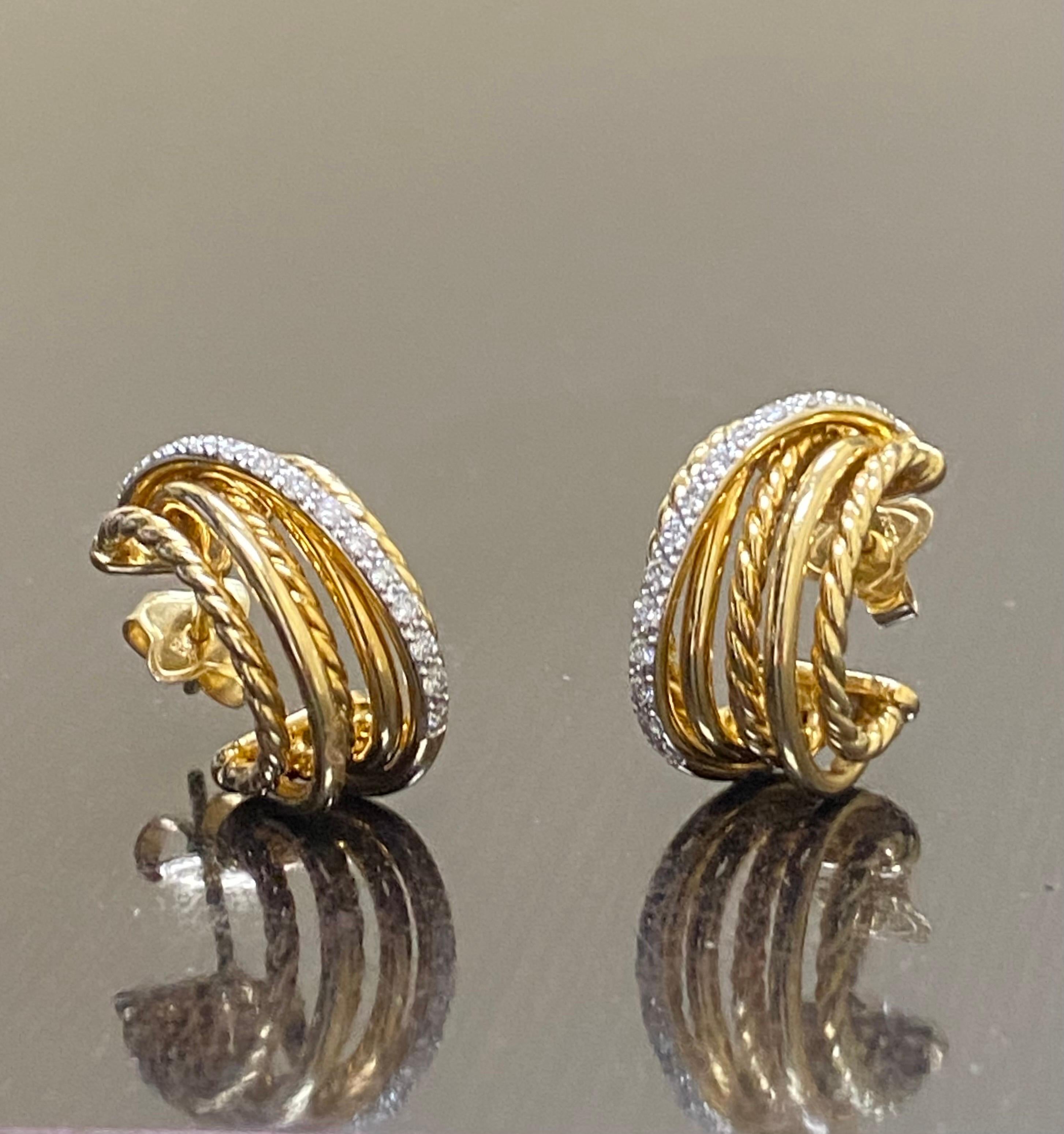 Round Cut David Yurman 18K Yellow Gold Diamonds Crossover Huggie Hoop Earrings For Sale