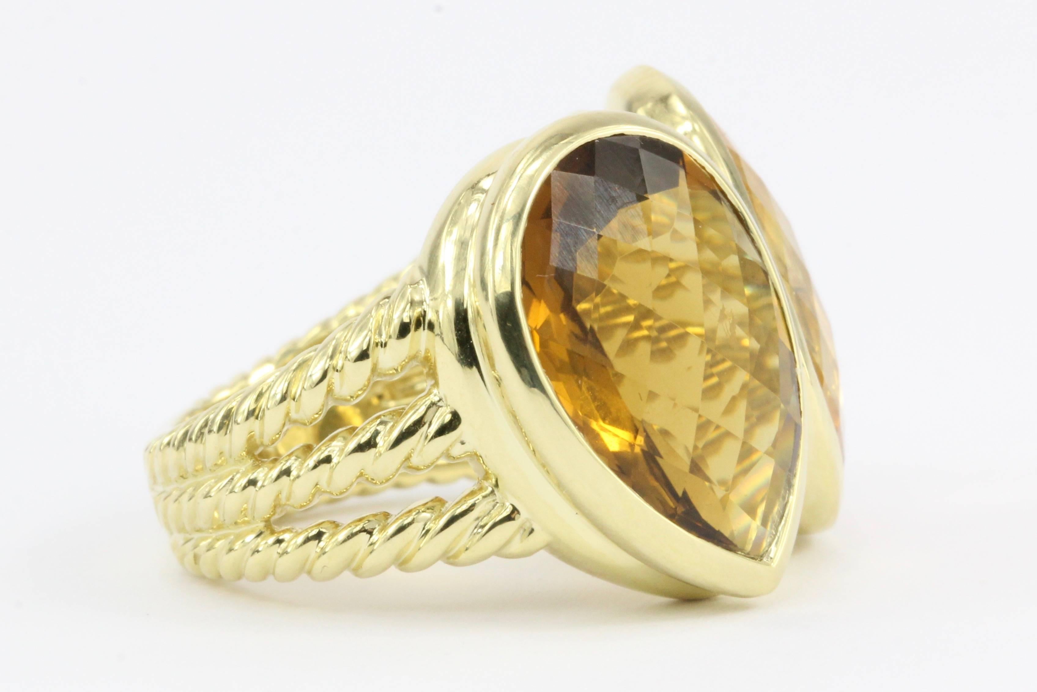 David Yurman 18 Karat Yellow Gold Double Citrine Oval and Pear Cut Ring In Excellent Condition In Cape May, NJ