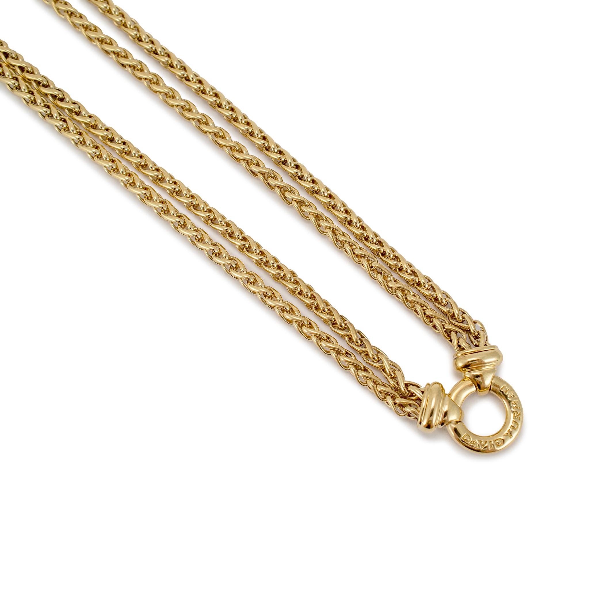 Marke: David Yurman

Geschlecht: Damen

Metall Typ: 18K Gelbgold

Länge: 20.00 in

Breite: 7,30 mm

Gewicht: 93,50 Gramm

Damen-Halskette aus 18 Karat Gelbgold mit zwei Strängen. Das Metall wurde getestet und es wurde festgestellt, dass es sich um