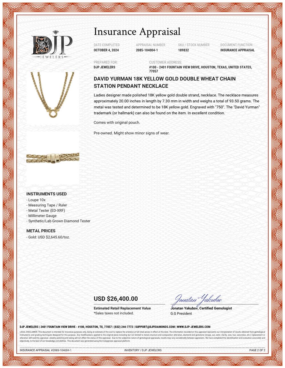 David Yurman Halskette mit Anhänger, 18 Karat Gelbgold Doppelweizenkette Station 3