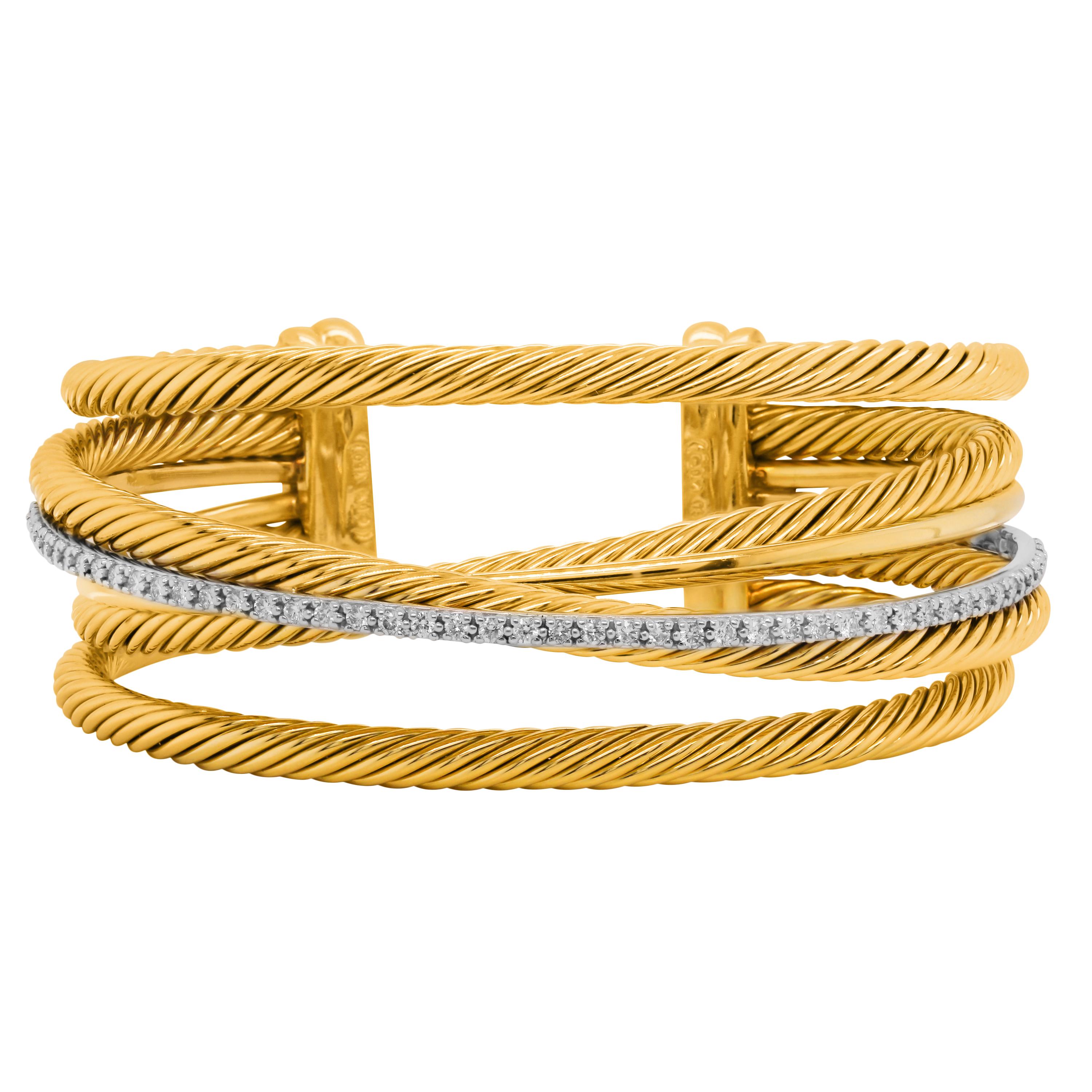 Modern David Yurman 18K Yellow Gold Four Row Crossover Diamond Cuff Bangle Bracelet For Sale