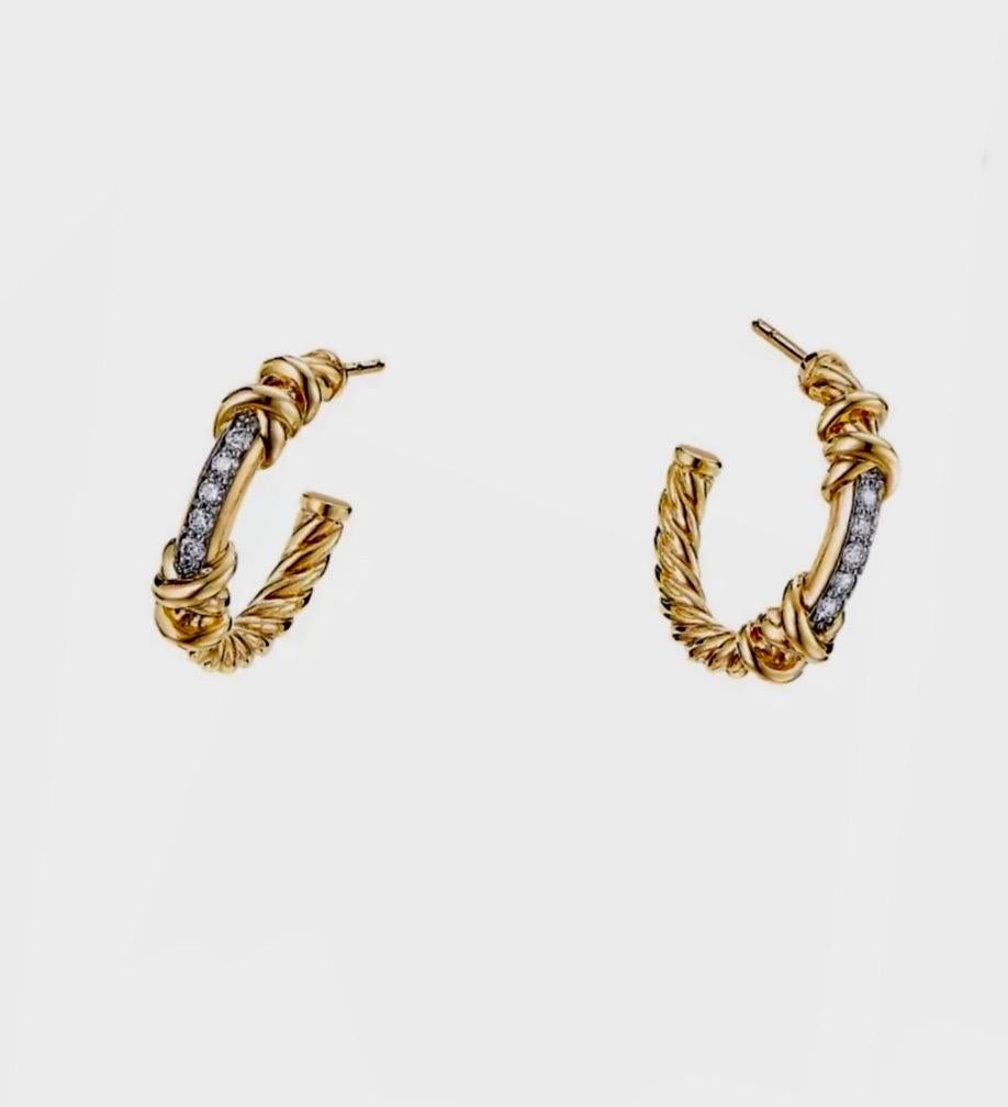 DeKara Design Designer Collection

Metal- 18K Yellow Gold, .750.

Stones- 10 Round Diamonds F-G Color VS2 Clarity 0.11 Carats.

Authentic David Yurman 18K Yellow Gold Diamond Hoop Earrings From the Helena Collection.  These earrings are leaner,