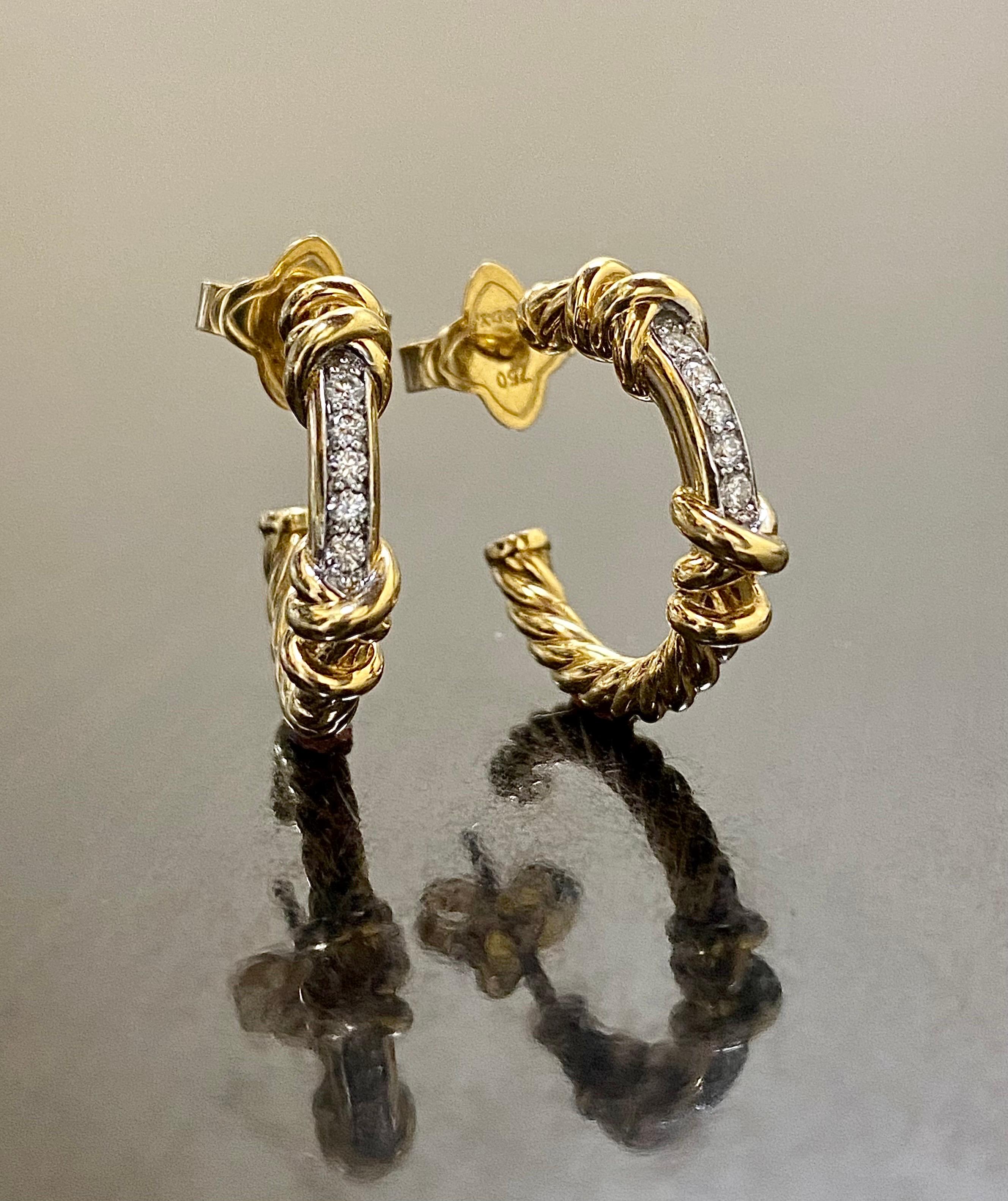 Round Cut David Yurman 18K Yellow Gold Helena Diamond Hoop Earrings For Sale