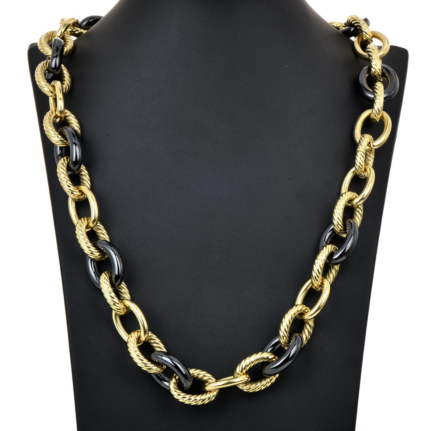 Modern David Yurman 18K Yellow Gold Hematite 17 mm Large Link Chain Necklace For Sale