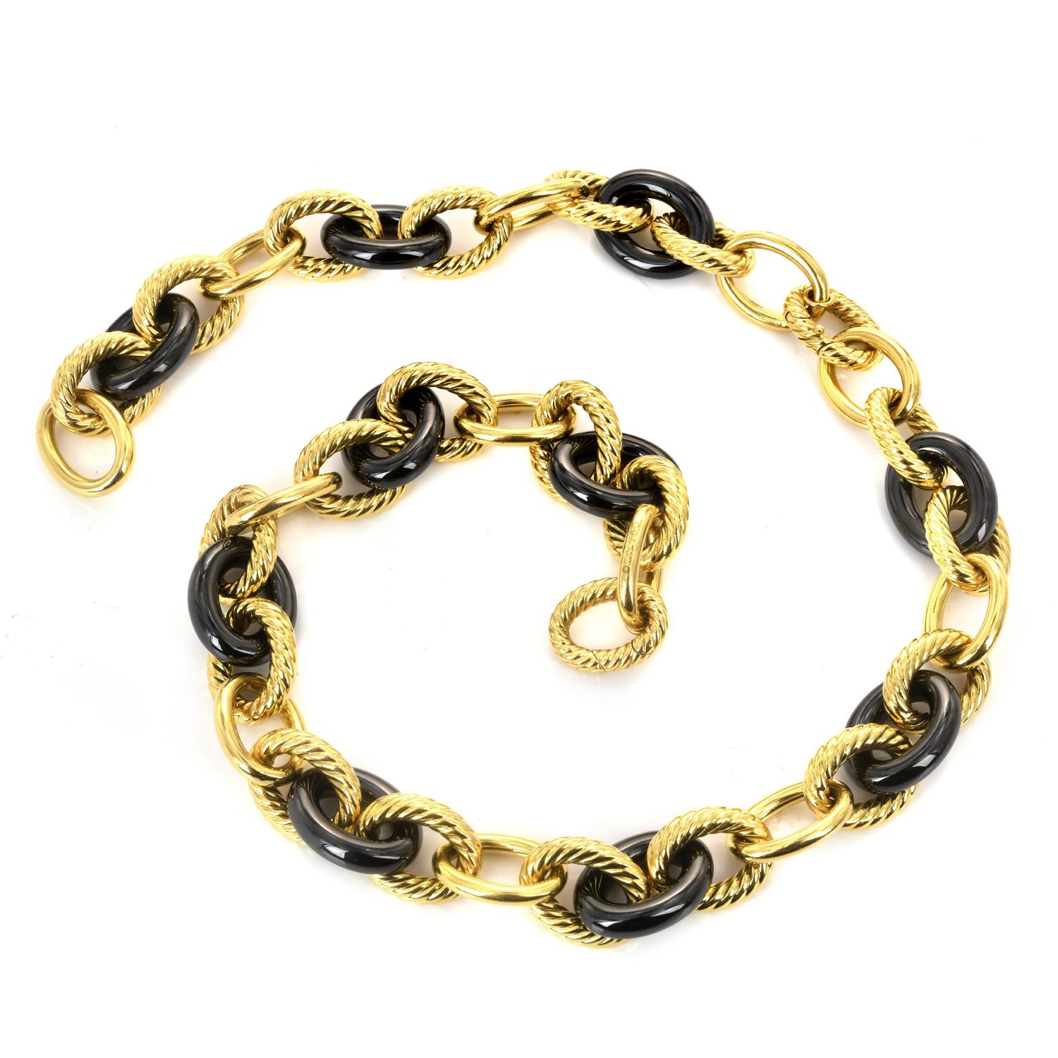 Uncut David Yurman 18K Yellow Gold Hematite 17 mm Large Link Chain Necklace For Sale