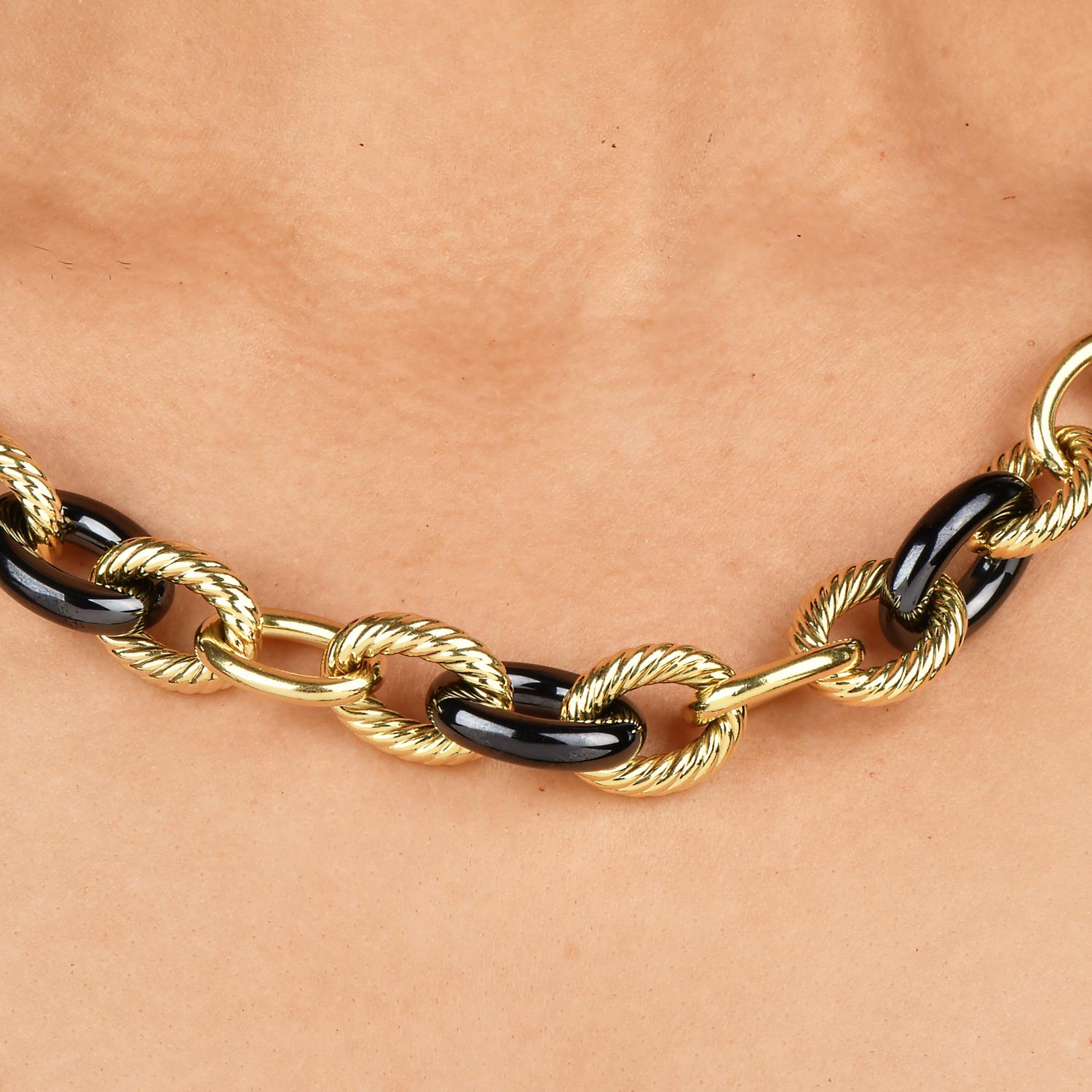 Women's or Men's David Yurman 18K Yellow Gold Hematite 17 mm Large Link Chain Necklace For Sale